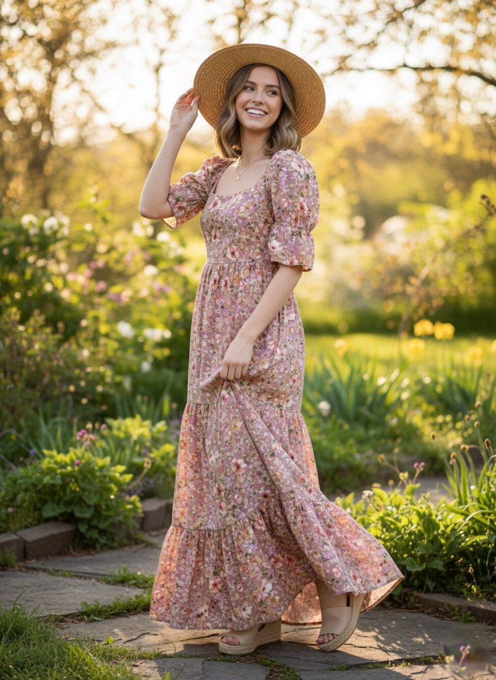 Inmod Pink Floral Puff Sleeve Open Tie Back Maxi Dress Small Romantic Feminine
